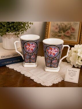 Past Times Rose Window Fine Bone China Mug Set | Oxford England | Stained Glass